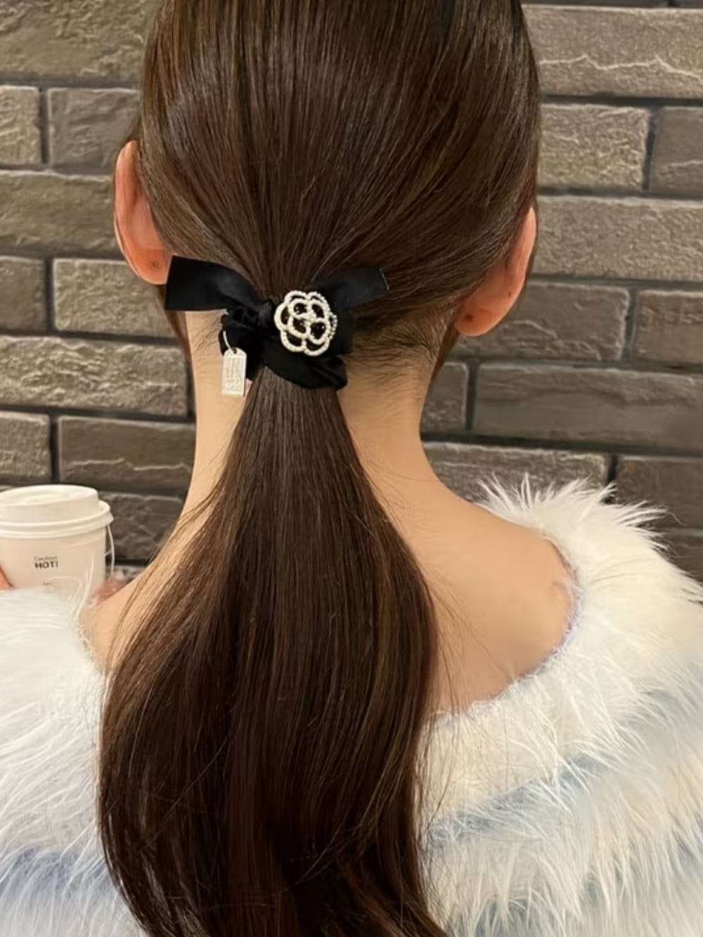 Camellia Black Pearl Floral Ribbon Scrunchie